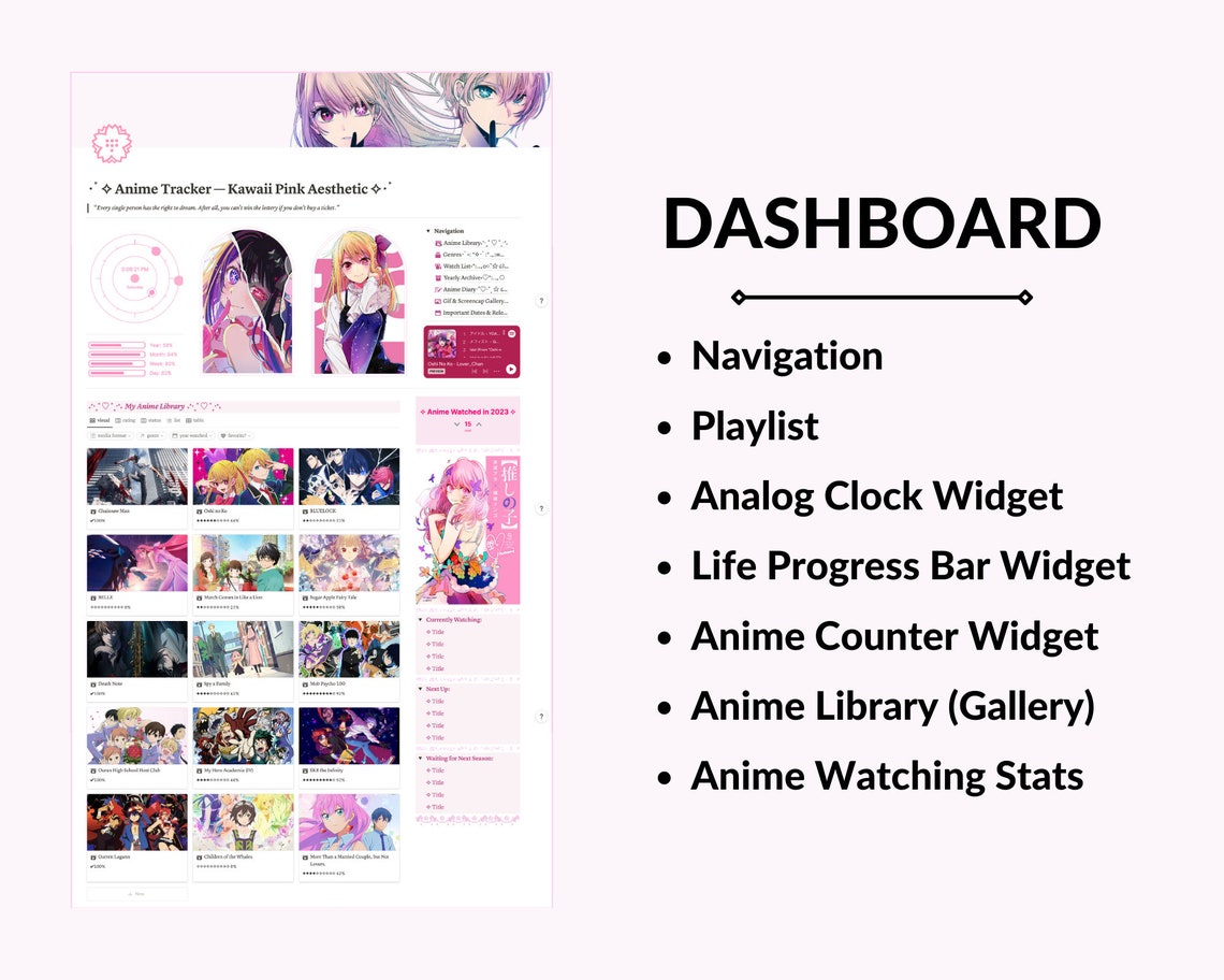 Anime Tracker Notion Template Kawaii Pink Aesthetic Notion Template