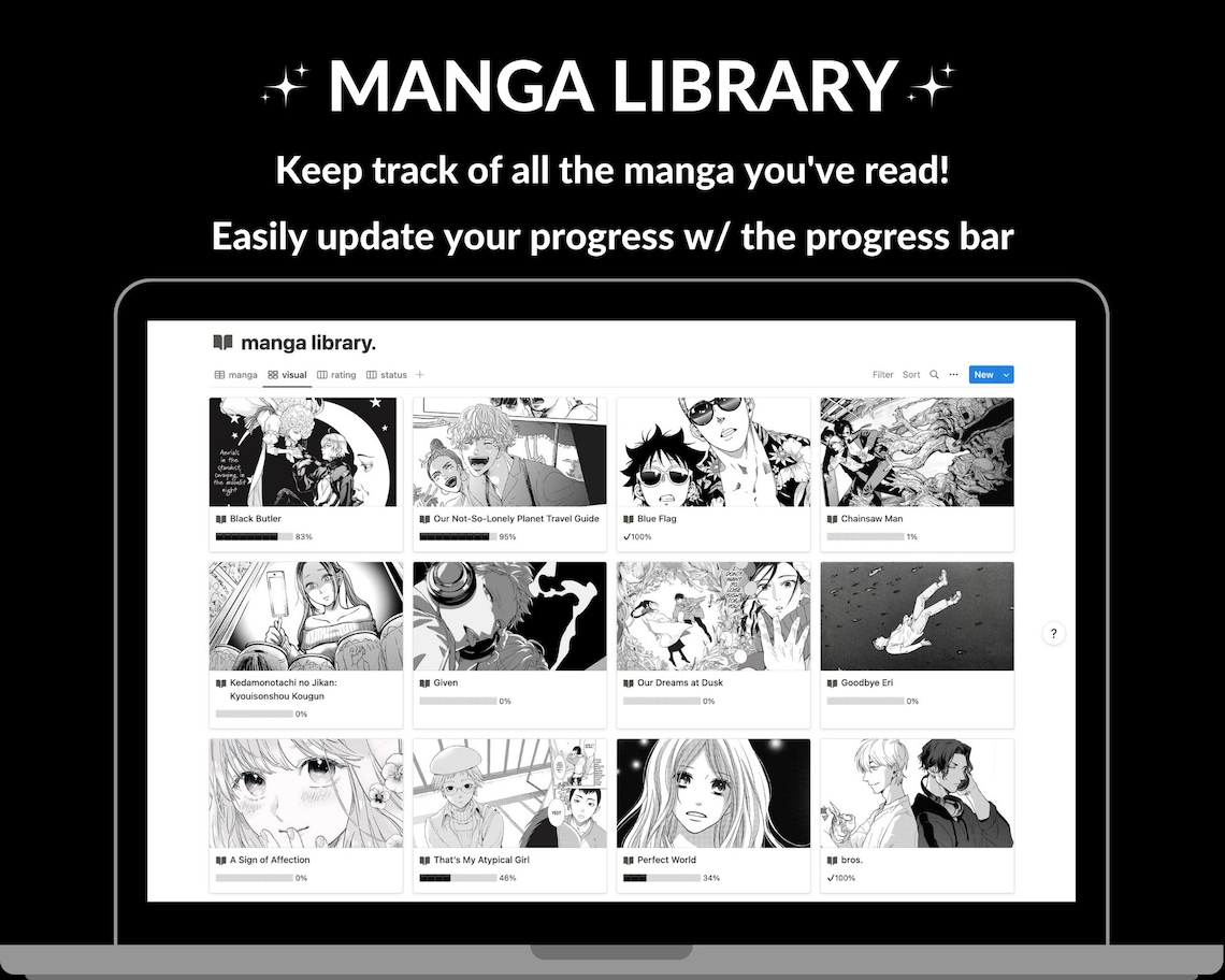 Manga Tracker Notion Template Monochrome Aesthetic Notion Template Black and White Notion
