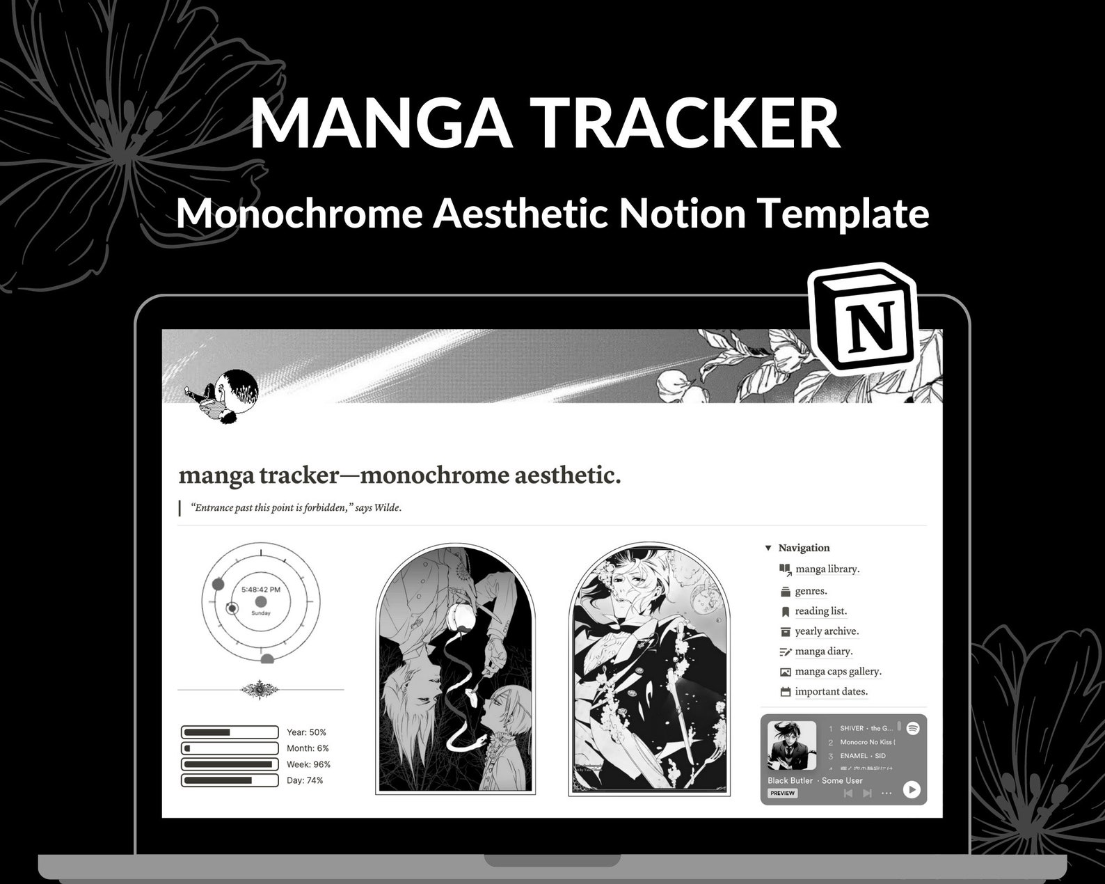 Manga Tracker Notion Template Monochrome Aesthetic Notion Template Black and White Notion