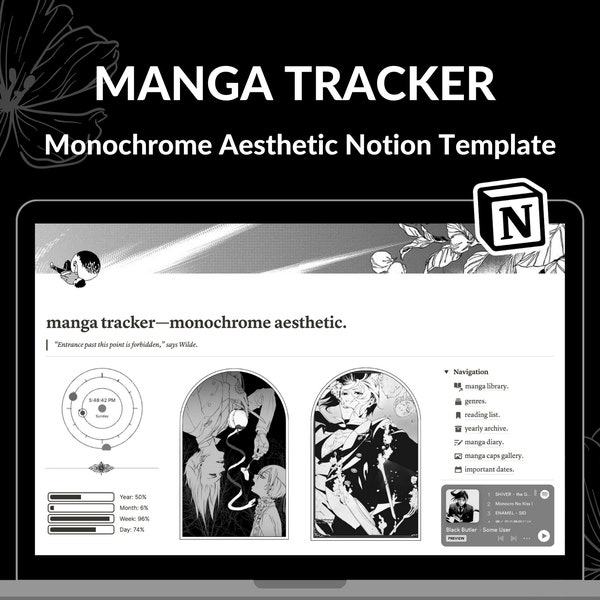 Modèle notion de traqueur de mangas | Modèle de notion d'esthétique monochrome | Modèle Notion noir et blanc | Modèle de notion de suivi de manga/média