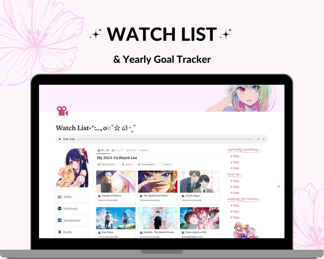 Anime Tracker Notion Template Kawaii Pink Aesthetic Notion Template