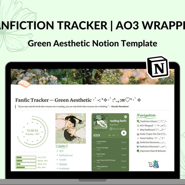 Fanfiction Tracker/AO3 Modèle notionnel emballé | Bibliothèque de fictions | Modèle de notion d'esthétique verte | Modèle de notion de lecteur de fanfiction