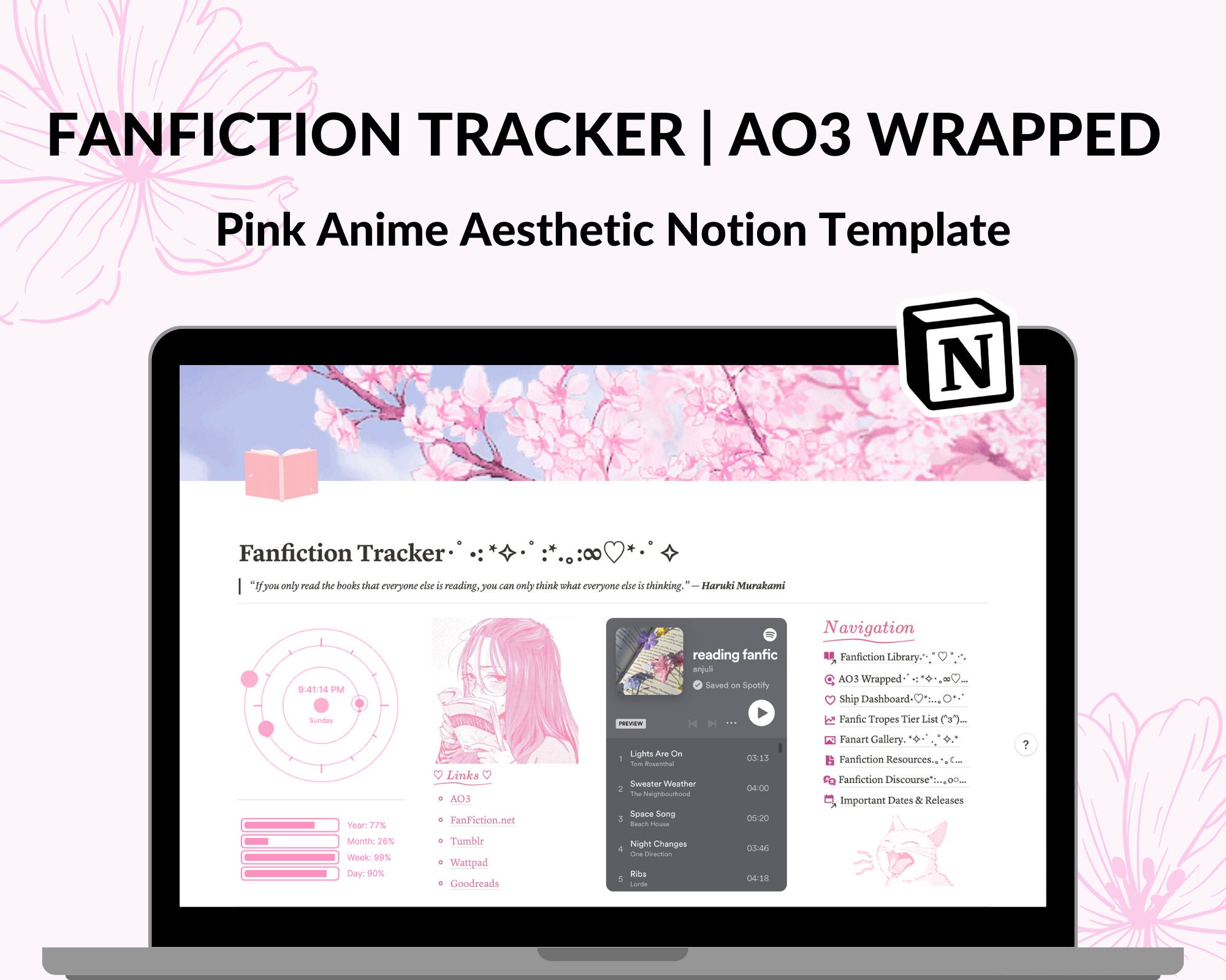 Fanfiction Tracker/ao3 Wrapped Notion Template Fanfiction Library Pink Aesthetic Notion Template