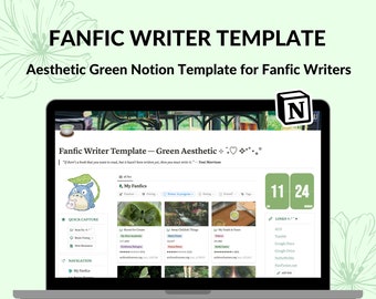 May include: A laptop computer screen displaying a Notion page with a green aesthetic. The page is titled "Fanfic Writer Template - Green Aesthetic" and features a Totoro illustration, a list of links, and a section for "My Fanfics".