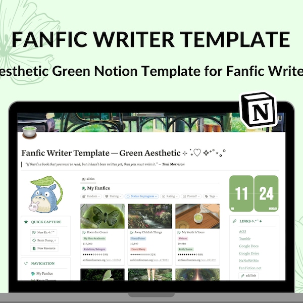 Fanfiction Writer Notion Template | Notion Template for Fanfic Writers | Writing Notion Template | Matcha Green Aesthetic Notion Template