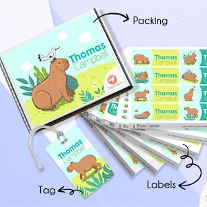 FluffyCap | Name Labels Combo | Capybara | Personalized Pack of Basic Labels, Waterproof Labels, Clothing Labels and Bag Tag