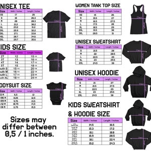 May include: A chart showing unisex tee, tank top, sweatshirt, hoodie, and bodysuit sizes in inches. The chart also shows kids sizes for sweatshirts and hoodies in inches. The text "Sizes may differ between 0.5 / 1 inches" is at the bottom of the chart.