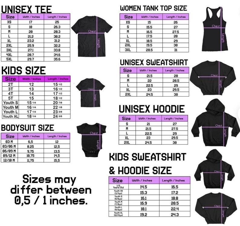 May include: A chart showing unisex tee, tank top, sweatshirt, hoodie, and bodysuit sizes in inches. The chart also shows kids sizes for sweatshirts and hoodies in inches. The text "Sizes may differ between 0.5 / 1 inches" is at the bottom of the chart.