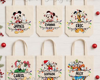 Bolsa de tela navideña con el nombre de Mickey, bolsa navideña familiar de Disney, bolsa de regalo navideña infantil de Minnie, bolsa de tela personalizada de Disneyland para Navidad