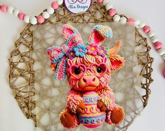 Pastel Highland Cow DTF Transfer | Easter Bunny Heat Press Design (Ready to Press)