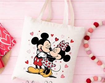 Valentine’s Day Mickey & Minnie Tote Bag | Cute Disney Couple Canvas Tote | Romantic Gift for Her | Valentine Gift | Love Tote Bag