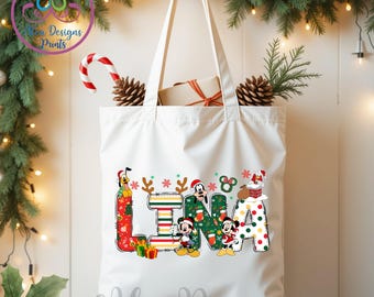Mickey Christmas Name Tote Bag, Disney Family Holiday Bag, Christmas Minnie Kids Gift Bag, Custom XMAS Disneyland Tote Bag
