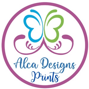 May include: A pink circle with a stylised butterfly design in blue and green. The text "Alca Designs Prints" is written in a cursive font below the butterfly.