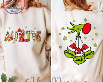 Personalized Christmas Auntie Sweatshirt: Grinch Family Names Crewneck