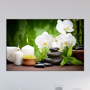 Zen wall art Large room decor Orchid, Spa stones, Candles print New home gift Bathroom decor OVERSIZED Canvas wall art Ready to hang Single Panel