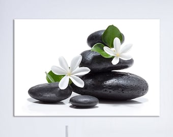 Spa decor Canvas wall art White tiare with spa stones print Bathroom decor Zen wall art