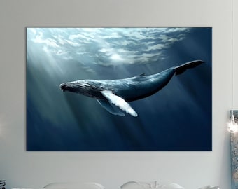 Blue whale wall art Ocean wall art Nautical Decor Whale canvas Blue whale art Livingroom decor Office decor Large Wall Art Framed Wall Art