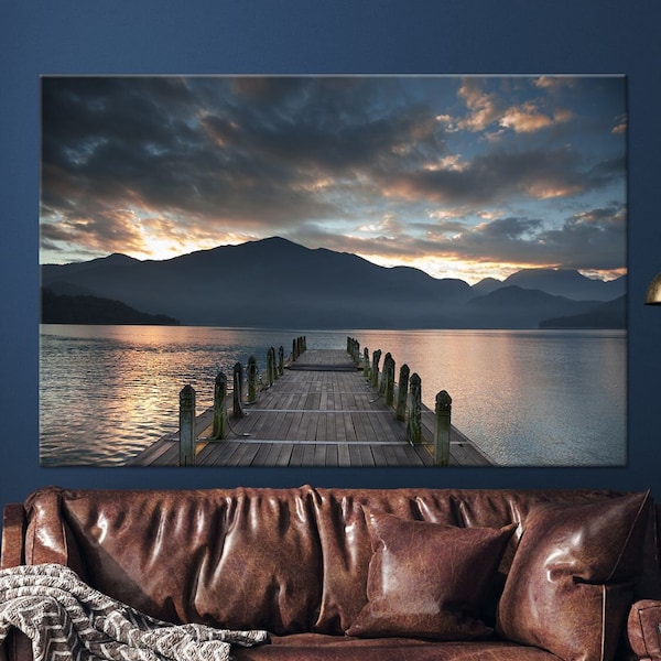 Pier on the lake photography print on canvas Room decor Large wall art Mountain lake photo Nature scene Canvas wall art Free shipping