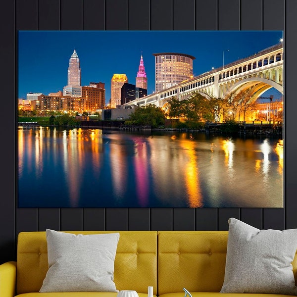 Cleveland skyline print Night city Extra large wall art Wall decor Living room wall art Bedroom wall art Oversized wall art Bridge wall art