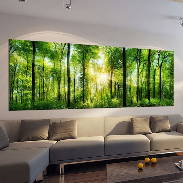 Sunny forest panoramic wall art Oversized photography print on canvas Extra large room decor Long horizontal canvas wall art Free shipping