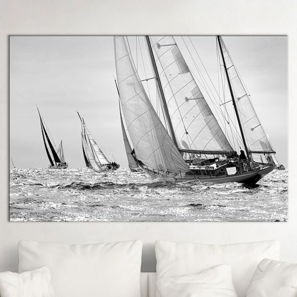 Sailingboat black and white photography print on canvas Extra large wall art Room decor Sailboat high definition photo Sea sport artwork