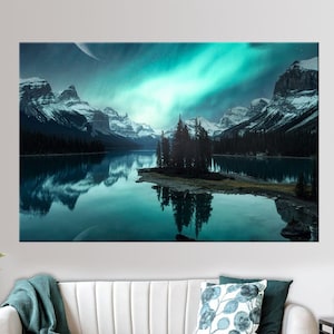 Northern lights photography print on canvas Aurora Borealis over mountains wall art Starry night prints Lake house gift Bedroom decor