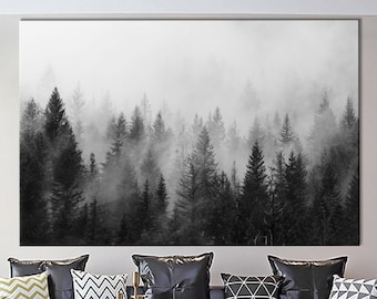 Foggy forest mountain print Forest print Forest wall art Forest landscape Living room decor Farmhouse decor Canvas Wall Art Large Wall Art