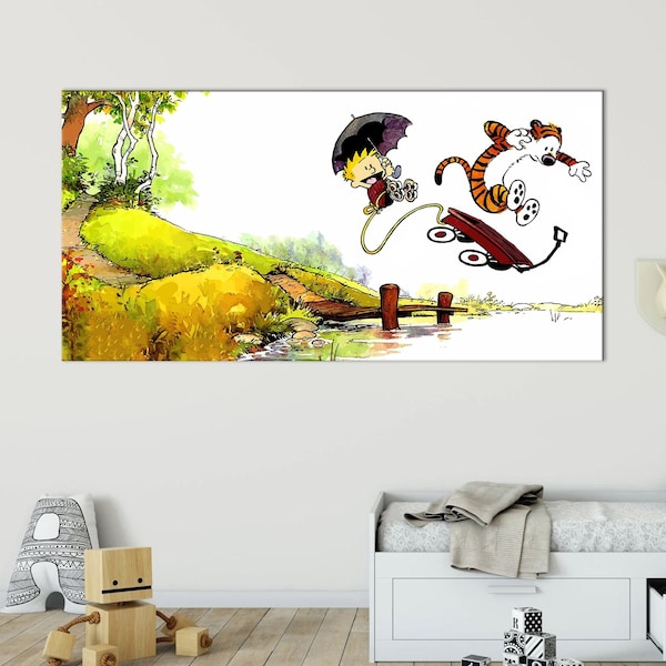 Boy and Tiger print on canvas Large nursery decor Funny art Kids room decor Game room decor Cartoon picture Canvas wall art Free shipping