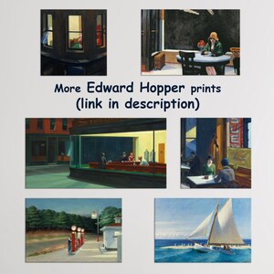K&ouml;nnte beinhalten: Eine Sammlung von Edward Hopper-Drucken, darunter Szenen eines Diners, einer Frau an einem Tisch und eines Segelboots auf dem Wasser. Der Text "More Edward Hopper prints (link in description)" ist ebenfalls sichtbar.
