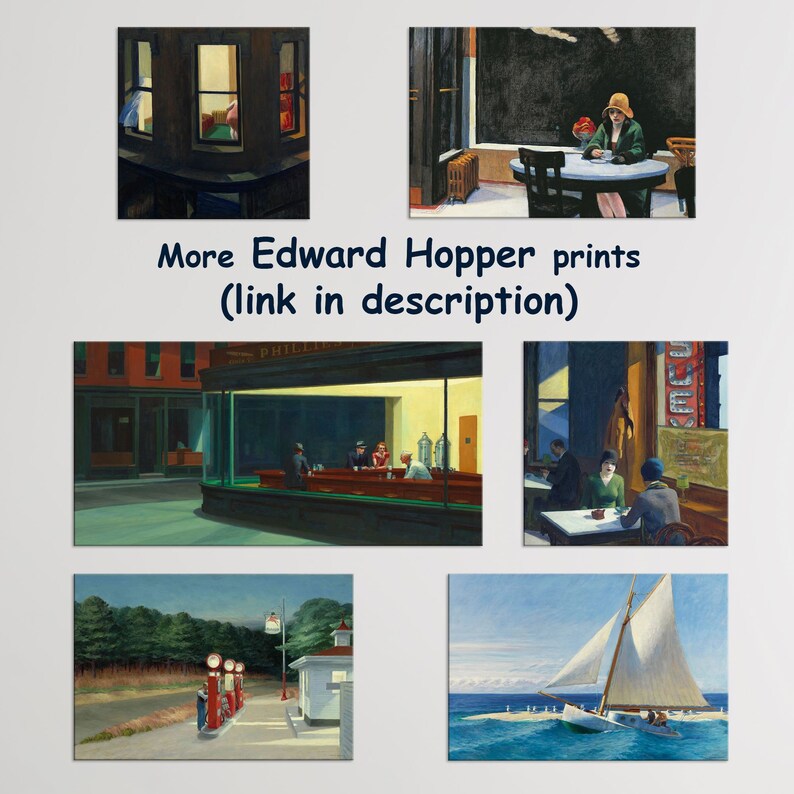 K&ouml;nnte beinhalten: Eine Sammlung von Edward Hopper-Drucken, darunter Szenen eines Diners, einer Frau an einem Tisch und eines Segelboots auf dem Wasser. Der Text "More Edward Hopper prints (link in description)" ist ebenfalls sichtbar.