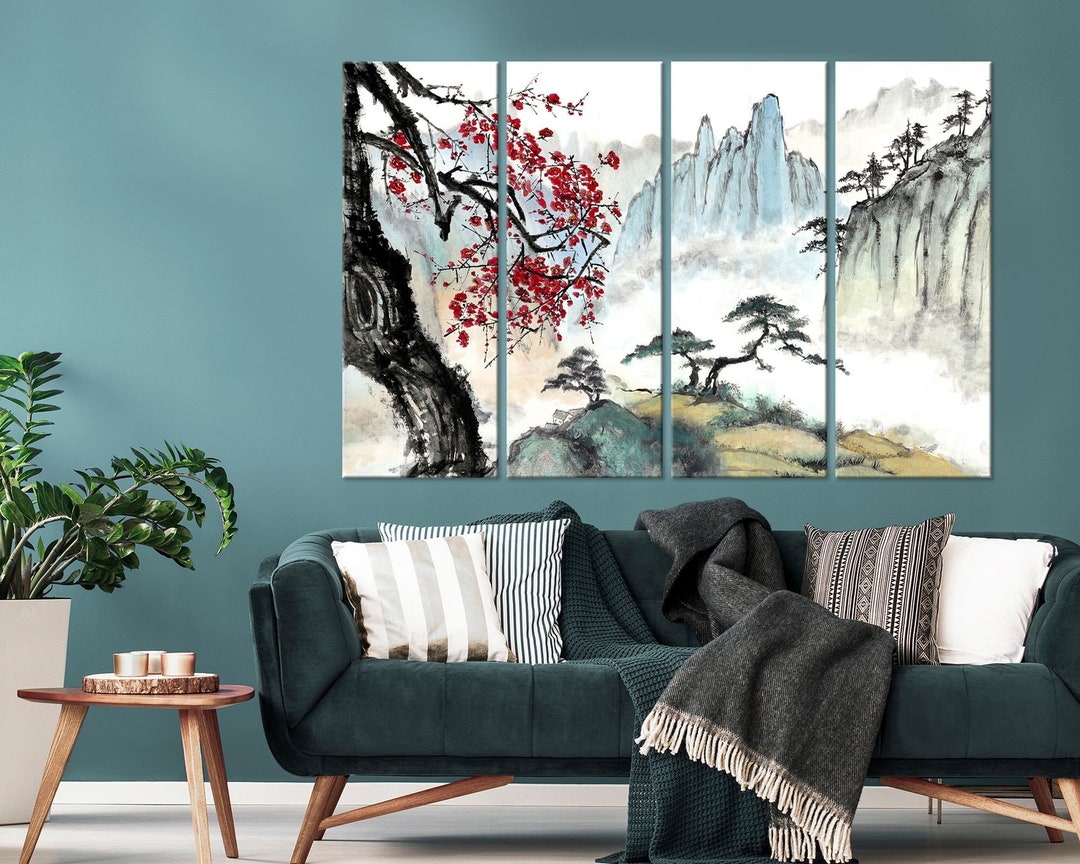 Japanese Wall Art Large Mountain Engraving Print on Canvas Room Decor ...