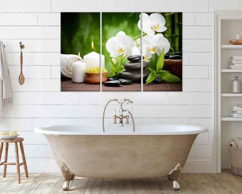 Set of 3 piece wall art, Orchid, Spa stones and Candles print, Room decor, Large canvas wall art, Triptych