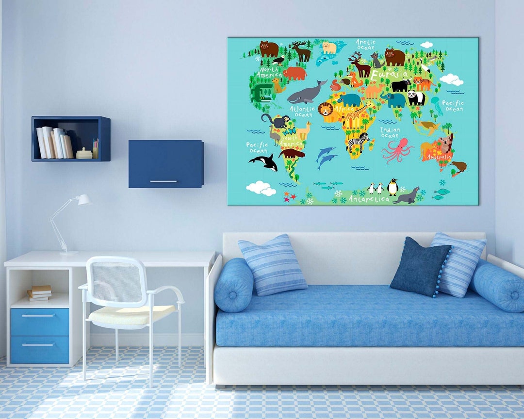 Kids World Map Print on Canvas, Animals Wall Art Room Decor Large ...