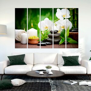 Set of 5 piece wall art, Orchid, Spa stones and Candles print, Room decor, Large canvas wall art