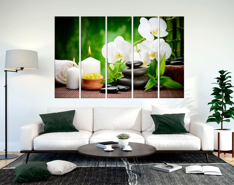 Set of 5 piece wall art, Orchid, Spa stones and Candles print, Room decor, Large canvas wall art
