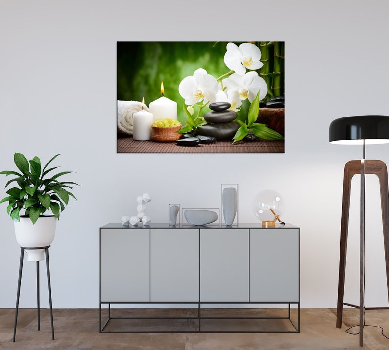 Zen wall art Large room decor Orchid, Spa stones, Candles print New home gift Bathroom decor OVERSIZED Canvas wall art Ready to hang Single Panel