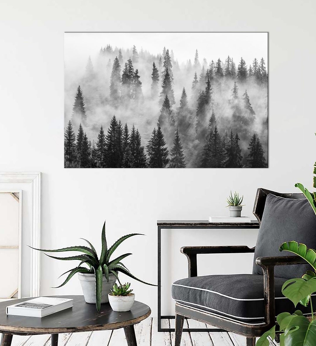 Foggy Forest Landscape Wall Art Black and White Dark Decor Forest Wall ...