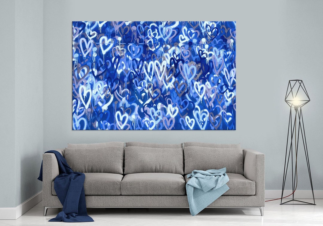 Graffiti Wall Art Blue Hearts Print on Canvas Large Room Decor