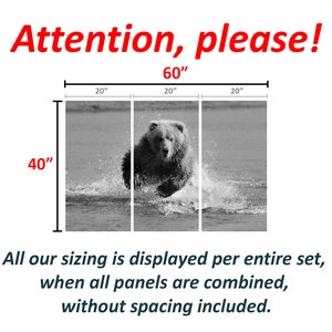 K&ouml;nnte beinhalten: Ein schwarz-wei&szlig;es Triptychon mit einem B&auml;ren, der durch Wasser rennt. Das Kunstwerk ist 152 cm breit und 102 cm hoch. Der Text oben lautet "Attention, please!" in Rot, und darunter "All our sizing is displayed per entire set, when all panels are combined, without spacing included."