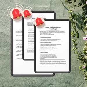 May include: Three digital tablets displaying a document titled Page 2: The De-escalation Verbal Script, featuring numbered steps for parental guidance. Each tablet is topped with a small, red, three-dimensional bell icon with motion lines.
