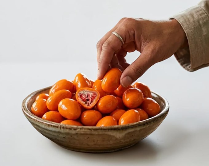 Freeze-Dried Strawberry Filled Orange Chocolate Dragees, Vegan Snack