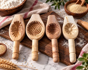 4 Piece Wooden Cookie Mold Set, Authentic Maamoul Press, Carved Pastry Stamp