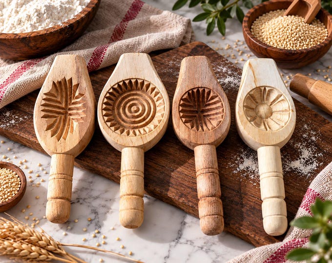 4 Piece Wooden Cookie Mold Set, Authentic Maamoul Press, Carved Pastry Stamp