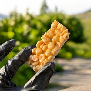 May include: A close-up of a hand holding a golden brown candy bar with a crunchy texture. The bar is made with nuts and caramel.