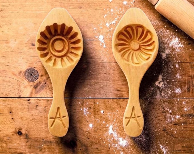 Hand Carved Wooden Cookie Press Molds 2 Piece Floral Design