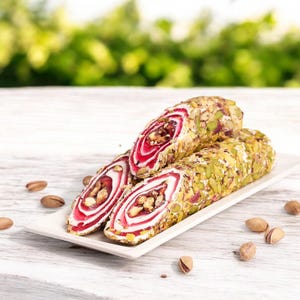 Rose-Flavored Turkish Delight Rolls with Pistachio Coating – Handcrafted Sweet Treats for Special Occasions, Perfect Gift for Dessert Lovers
