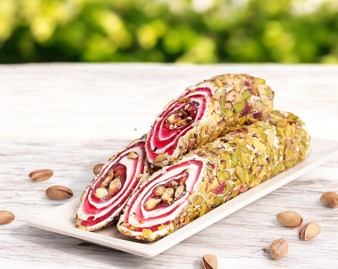 Rose-Flavored Turkish Delight Rolls with Pistachio Coating – Handcrafted Sweet Treats for Special Occasions, Perfect Gift for Dessert Lovers