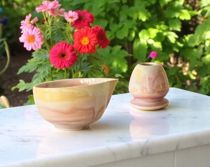 Pink Stoneware Matcha Bowl & Holder Set, Handcrafted Ceramic Tea Ritual Kit, Gift for Matcha Lovers