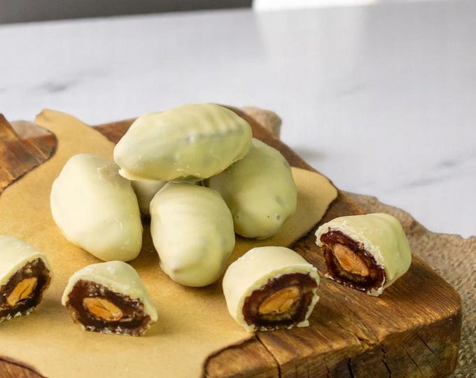 White Chocolate Covered Dates with Almonds – Gourmet Sweet Treats - Gourmet Almond Filled Dates Coated in White Chocolate