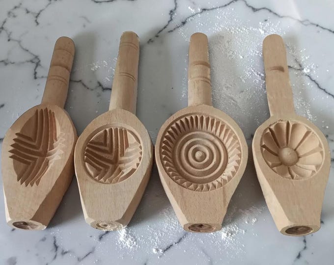 4 Piece Wooden Cookie Mold Set, Authentic Maamoul Press, Carved Pastry Stamp
